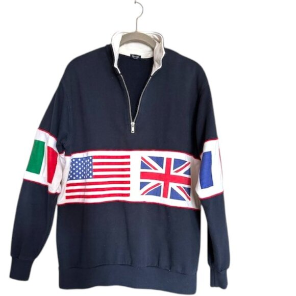 John Galt USA Italy Hawaii United Kingdom Flags half zip sweatshirt Sz L #01 - Picture 1 of 8